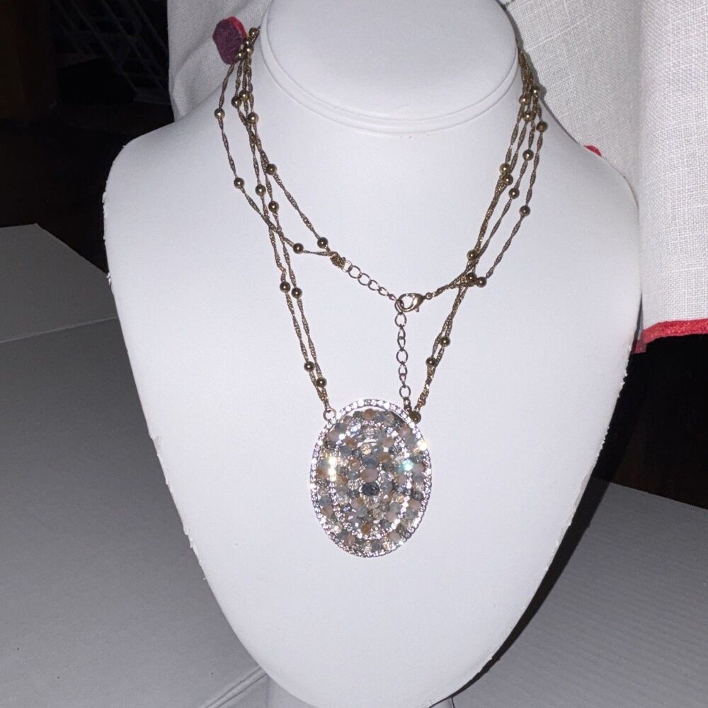 Vintage Statement Pendant Necklace Oval Multicolor Rhinestone whimsy 